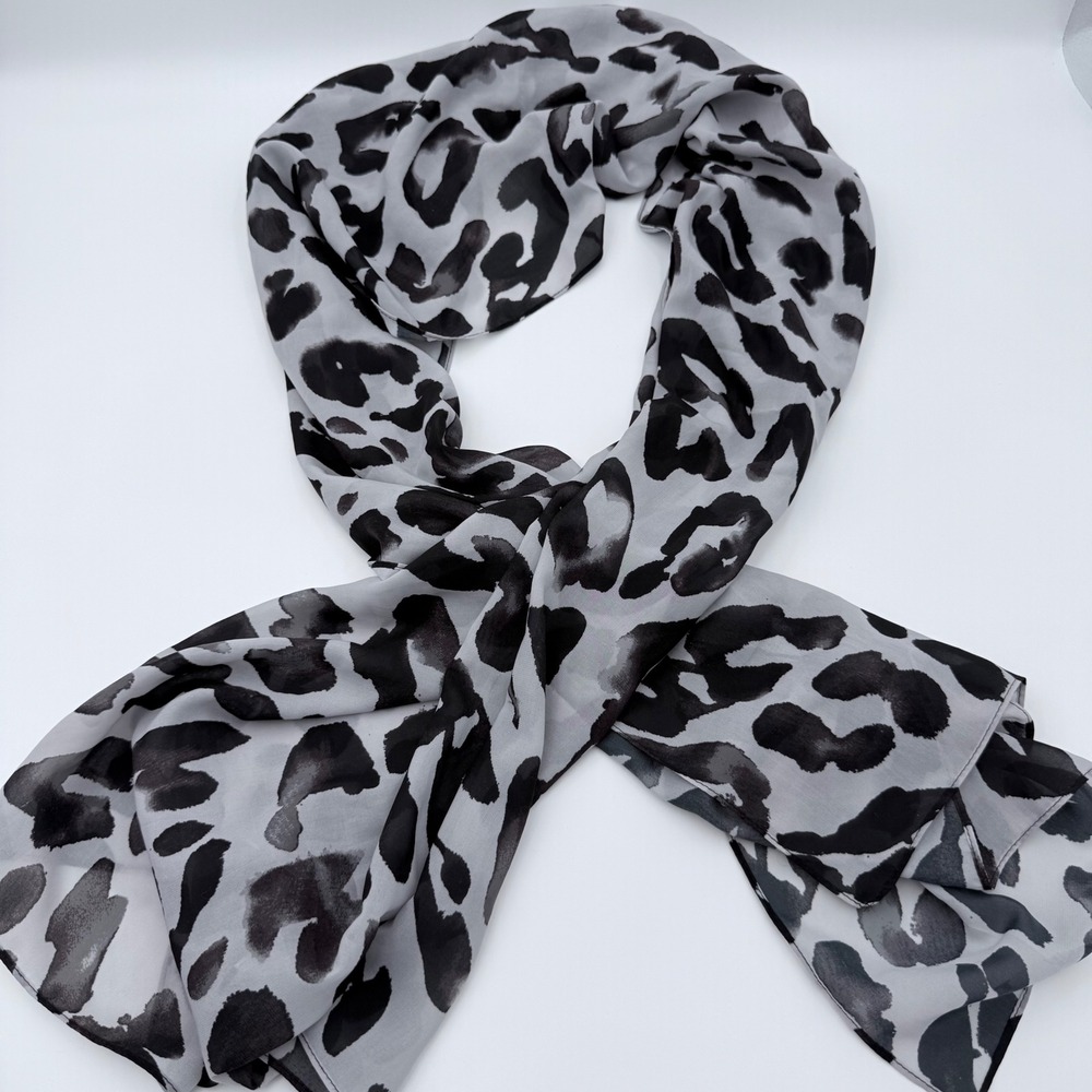 Leopard Print Scarf Black Gray White Sheer‎ Lightweight Wrap Shawl